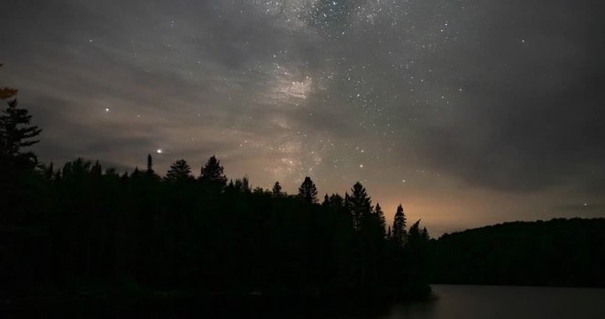 Algonquin Provincial Park Ontario Canada. Milky Way time lapse over Sproule Lake with Jupiter and Saturn. Includes 3 versions - 1 stationary centered, 1 tilt up, 1 stationary with more sky.