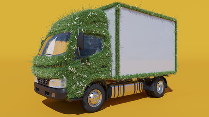 Box Truck Partially in Grass and Daisies on Yellow Background 3D Rendering