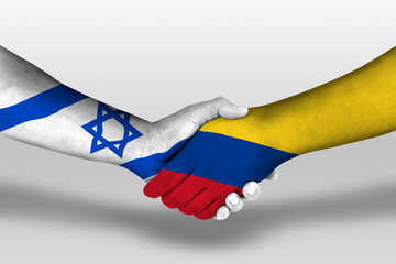 Handshake between columbia and israel flags painted on hands, illustration with clipping path.
