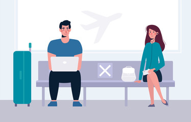 People keep their distance in the waiting room. A socially safe distance between a man and a woman on the bench so as not to spread the virus, the coronavirus COVID-19. Vector illustration, flat.