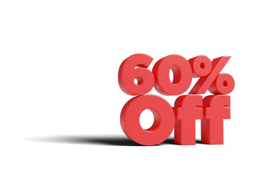 Text 60 percent off in 3 dimensions on a white background. 3d illustration.