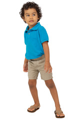 The little curly hair boy shows his swag as he looks to his lift on a white background. He's wearing sandals, khaki shorts, and a teal blue golf shirt.