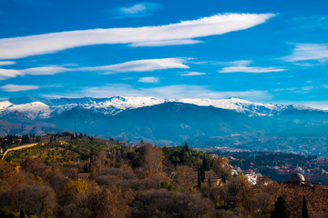 Panoramic view of Granada City with Sierra Nevada in Background