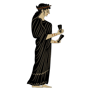 Silhouette of standing ancient Greek woman in long dress. Vase painting style.