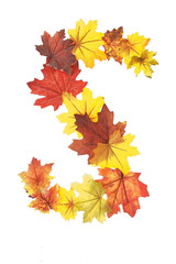 Colorful alpha numeric set of  individual characters of the alphabet A to Z,Made using artificial  leaves or leaf, rich autumn earth tones reds, ornafes, yellows, golden tones, say it colorfully'