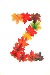 Colorful alpha numeric set of  individual characters of the alphabet A to Z,Made using artificial  leaves or leaf, rich autumn earth tones reds, ornafes, yellows, golden tones, say it colorfully'