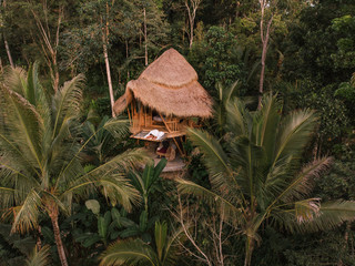 Aerial view from drone happy travel couple on hammock balcony of bamboo tree house with jungle...