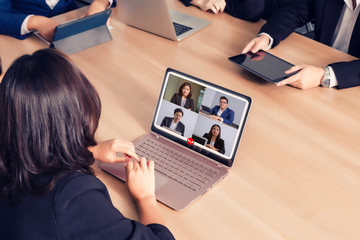 Fototapeta na wymiar business people Working From Home Having Online Group Videoconference On Laptop