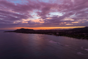 Aerial view of colorful sunset over Kahala, Hawaii