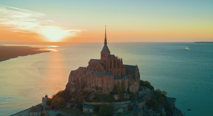 Obraz premium Aerial view of Mont Saint Michel, France during sunset