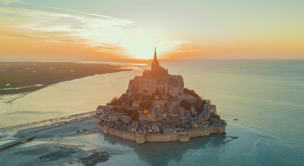 Aerial view of Mont Saint Michel, France during sunset