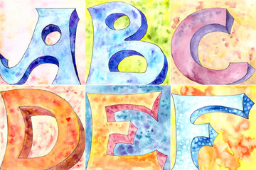 abstract watercolor alphabet. letters A, B, C,D,E,F. blue and red on a blurred yellow and green background