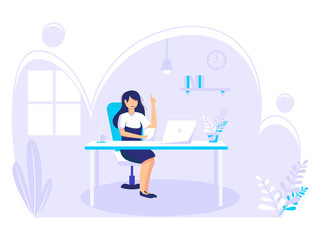 Home office concept, Woman working from home, student or freelancer. Vector illustration in flat style.