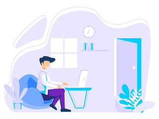 Home office concept, man working from home, student or freelancer. vector illustration in flat style.
