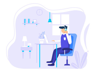 Home office concept, man working from home, student or freelancer. vector illustration in flat style.