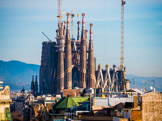 Naklejka premium Far view of La Sagrada Familia cathedral