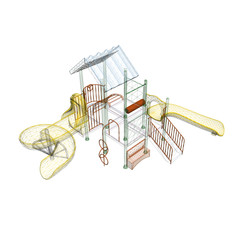 Playground frame from colored lines on a white background. Children playground with slides and ladders. Isometric view. 3D. Vector illustration