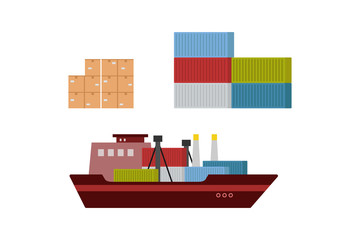 Delivery of goods by ship with container and box set flat design on white background