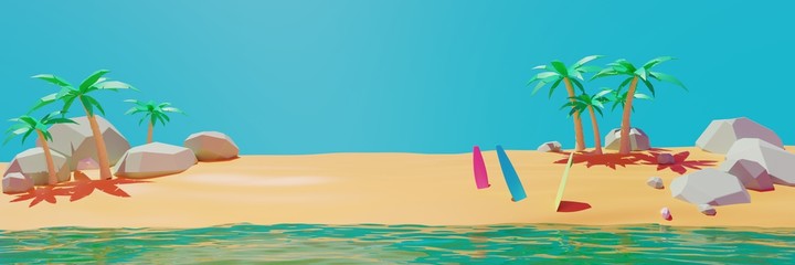 Fototapeta na wymiar Beauty summer beach, surfboard, sand, palm tree background animation 3d rendering