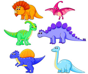Set of dinosaurs including T-rex, Brontosaurus, Triceratops, Velociraptor, Pteranodon, Allosaurus