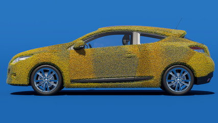 Side View of a Luxury Car Covered in Flowers on Blue Background 3D Rendering