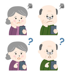 Worried senior man and woman reading text message on their smartphone. Vector illustration isolated on white background.