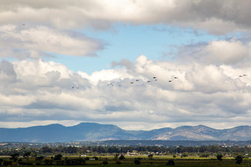 Mexican Air Force helicopters fly over the municipality of Nextlalpan as part of flying excercises.