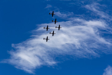 Mexican Air Force planes fly over the municipality of Nextlalpan as part of flying excercises.