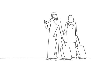 One continuous line drawing of young male and female muslim couple do business trip to abroad together. Islamic clothing hijab, kandura, scarf, keffiyeh. Single line draw design vector illustration