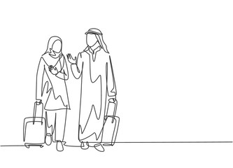 Fototapeta na wymiar Single continuous line drawing of young male and female muslim managers talking after do business trip abroad. Arab middle east cloth kandura, thawb, hijab. One line draw design vector illustration