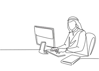 Fototapeta na wymiar Single continuous line drawing of young male muslim worker typing a business documents on office computer. Arab middle east cloth shmagh, kandura, thawb, robe. One line draw design vector illustration