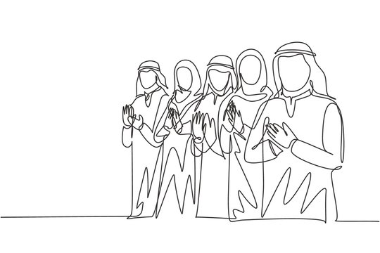 One continuous line drawing of young male and female muslim business comunity clapping hands after presentation. Islamic clothing kandura, hijab, keffiyeh. Single line draw design vector illustration
