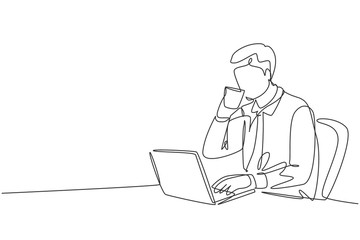 Fototapeta na wymiar Single continuous line drawing of young happy manager checking report from team member while he enjoy to drink a cup of coffee at office. Drinking tea concept one line draw design vector illustration