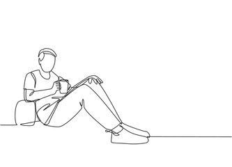 One continuous line drawing of young happy business man take a rest by lying down at sofa couch while holding mug of coffee. Drinking or tea concept single line draw sign design vector illustration