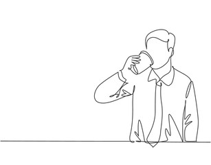 Single continuous line drawing of young thirsty worker take a drink while office break at canteen. Drinking coffee or tea concept. Trendy one line draw cartoon design vector illustration