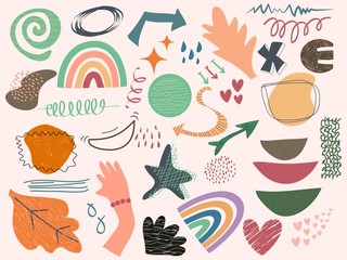 hand drawn various shapes and doodle objects with colors. Abstract contemporary modern trendy. vector illustration