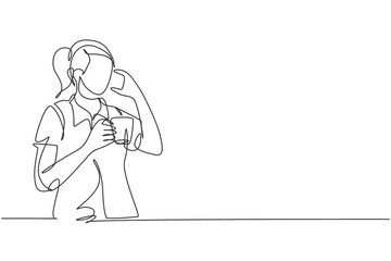 Fototapeta premium Single continuous line drawing of young female employee calling her partner on the phone while holding a cup of coffee drink. Drinking tea concept one line draw graphic design vector illustration