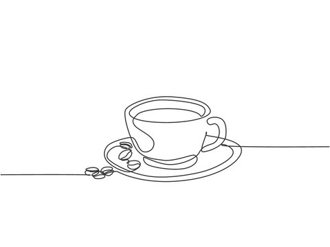 Single continuous line drawing of a cup of coffee drink with coffee beans on ceramic coaster and table. Coffee drink concept display for coffee shop. One line draw design illustration