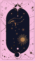 moon and sun tarot cards, Hands set in simple flat esoteric boho style. background - template design for poster, banner, social media post.