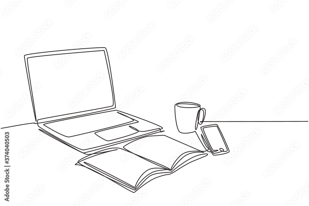 Fototapete One single line drawing of computer laptop, smartphone and a cup of coffee and at business office desk. Work space table concept. Continuous line draw graphic design vector illustration