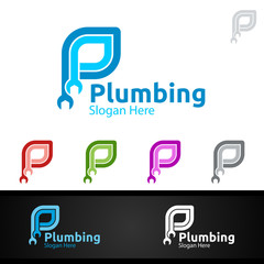 Letter P Plumbing Logo with Water and Fix Home Concept