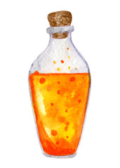 Colored, cartoon jars of potions and poisons for Halloween. Drawn with watercolor on a white background. For festive decor.