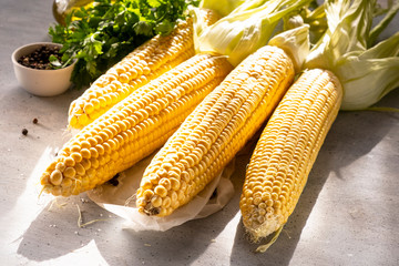 Composition with fresh corn cobs on table