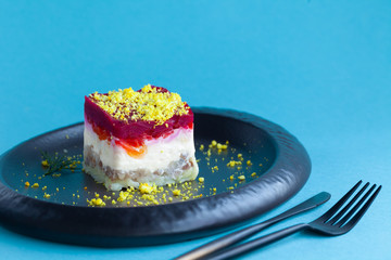Traditional salad herring under a fur coat with mayonnaise