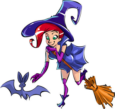 Cartoon pretty witch on a broom reaches out to the bat