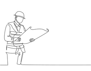 One continuous line drawing of young foreman manager controlling the construction of building. Building architecture business concept. Single line draw vector graphic design illustration