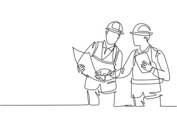 One single line drawing of young architect and engineer discussing building construction blueprint design. Building architecture business concept. Continuous line draw design illustration