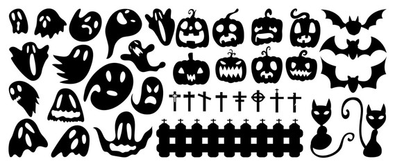 Cute and funny Halloween vector set. Silhouette   cartoon characters elements for children. Pumpkin, ghost, cat, bat and more. Isolated icons and holiday symbols for for invitations  and packaging.