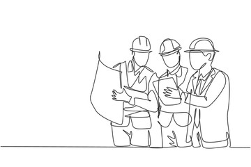 Fototapeta na wymiar One continuous line drawing of young architect, manager and engineer meeting at building construction site. Building architecture business concept. Single line draw design illustration