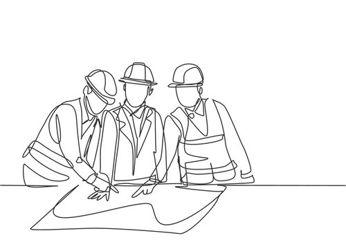 Single Continuous Line Drawing Of Young Sketch Draft Designer Meeting With Architect Discussing Construction Design. Building Architecture Business Concept. One Line Draw Design Illustration